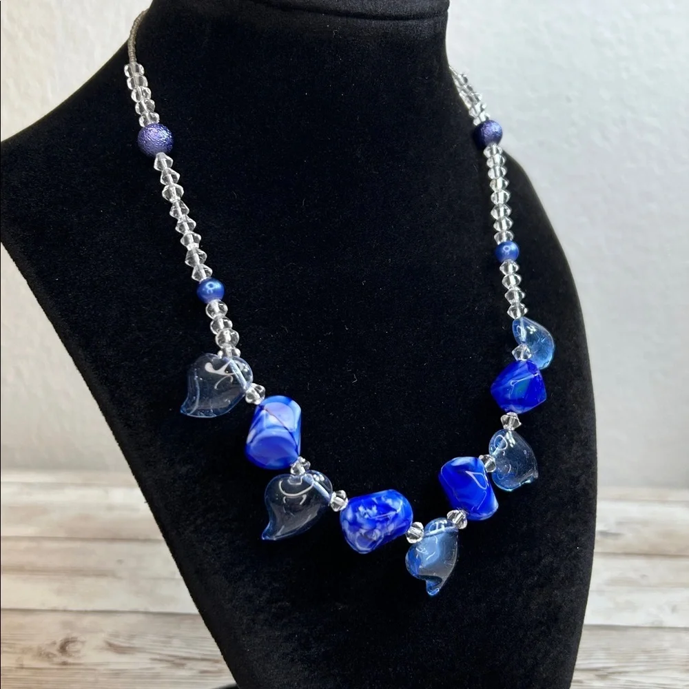Blue Glass Hearts Beaded Necklace